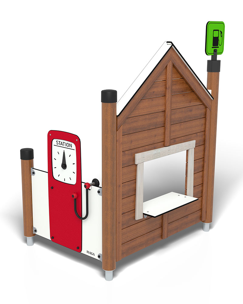 Rendered image on white background of Petrol station play town panel for playgrounds.